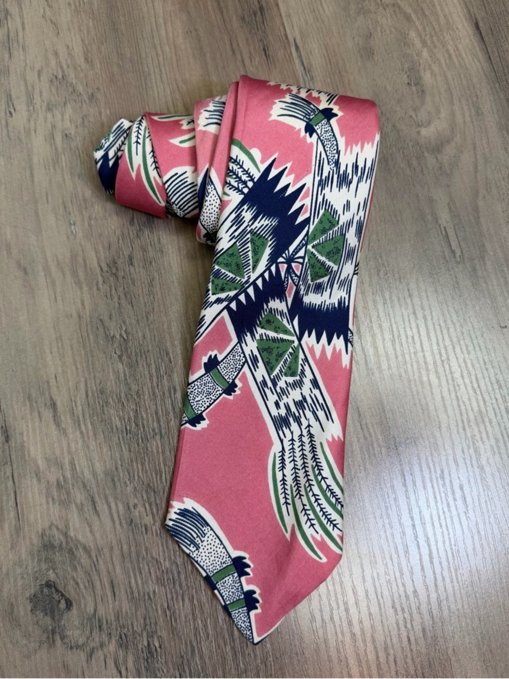 Polo By Ralph Lauren Vintage Pink Tie with Navy & Green Graphic Pattern